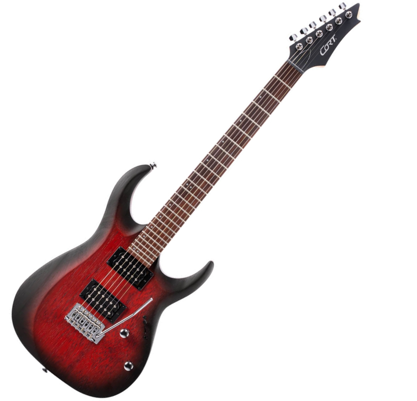 Cort X100 OPBB Electric Guitar – Dual Humbuckers, Maple Neck & 6-Point Tremolo Open Pore Black Cherry Burst.