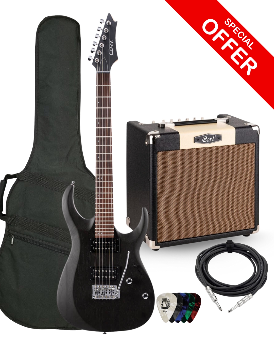 Cort X100 Bundle Kit With CM15R 15 Watts Amp, Gig-bag, Instrument Cable and Daddrio Picks - Black