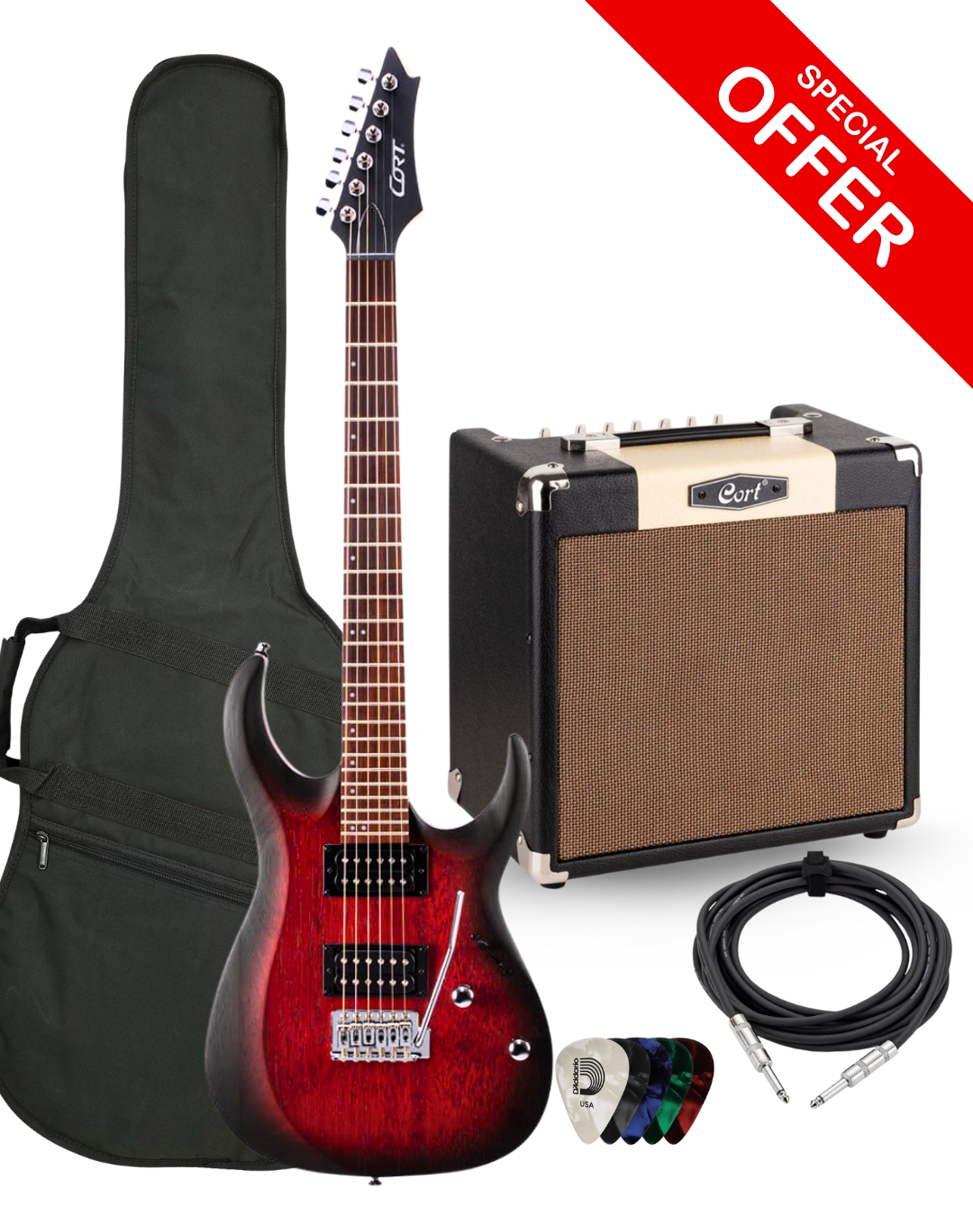 Cort X100 Bundle Kit With CM15R 15 Watts Amp, Gig-bag, Instrument Cable and Daddrio Picks - Back Cherry Burst