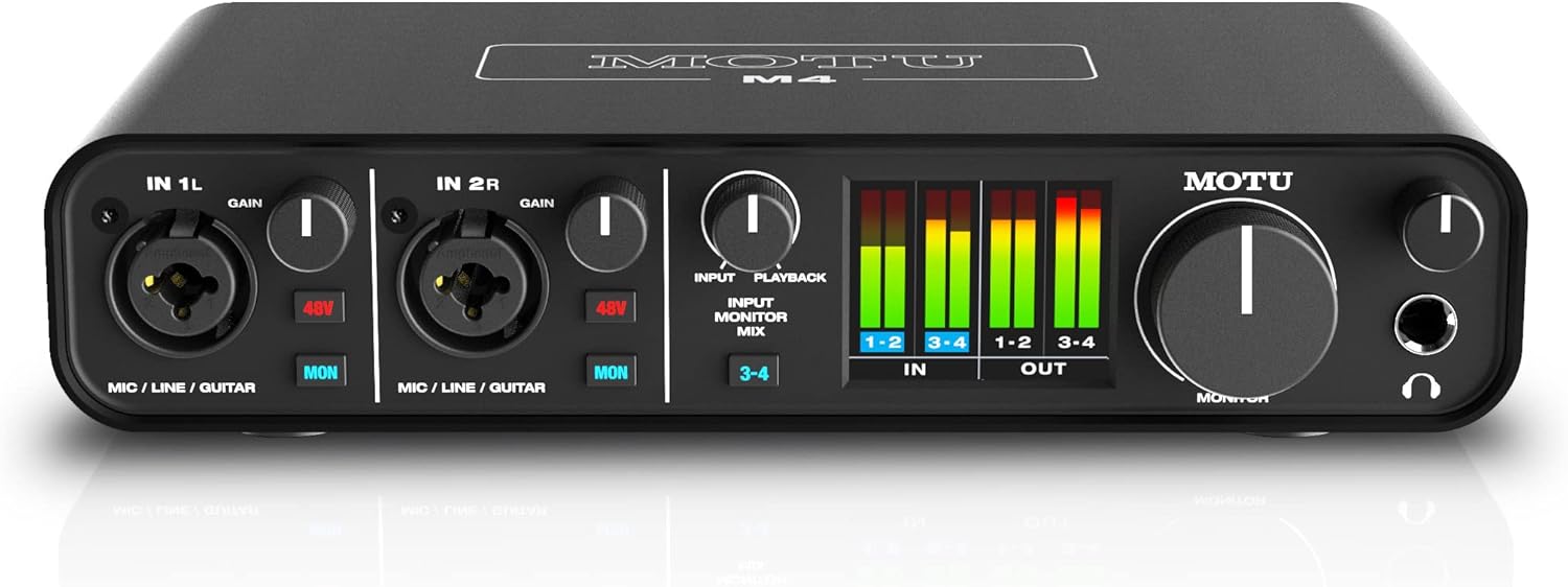 Motu M4 4x4 USB Audio Interface, 32-Bit / 192 kHz AD/DA, Virtual Loopback for Mix-Minus Setup, Full Color LCD With I/O Metering