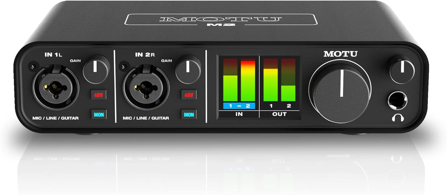 Motu M2 2x2 USB Audio Interface, 32-Bit / 192 kHz AD/DA, Virtual Loopback for Mix-Minus Setup, Full Color LCD With I/O Metering